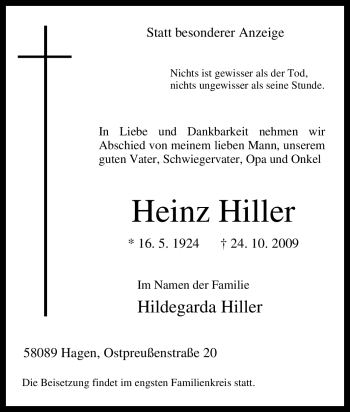 Traueranzeige von Heinz Hiller von Tageszeitung