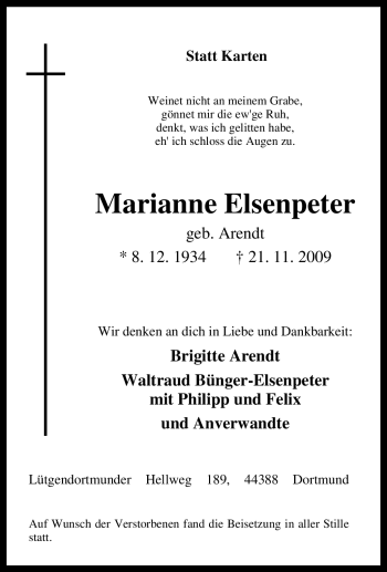 Traueranzeige von Marianne Elsenpeter von Tageszeitung