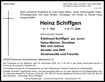 Traueranzeige von Heinz Schiffgen von Tageszeitung