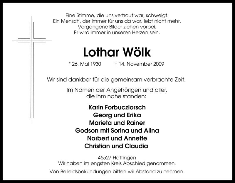  Traueranzeige für Lothar Wölk vom 21.11.2009 aus Tageszeitung