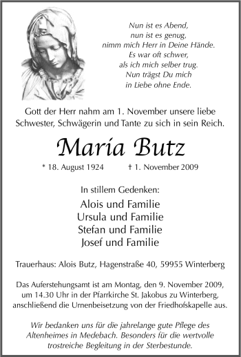 Traueranzeige von Maria Butz von Tageszeitung