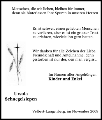Traueranzeige von Ursula Schnegelsiepen von Tageszeitung