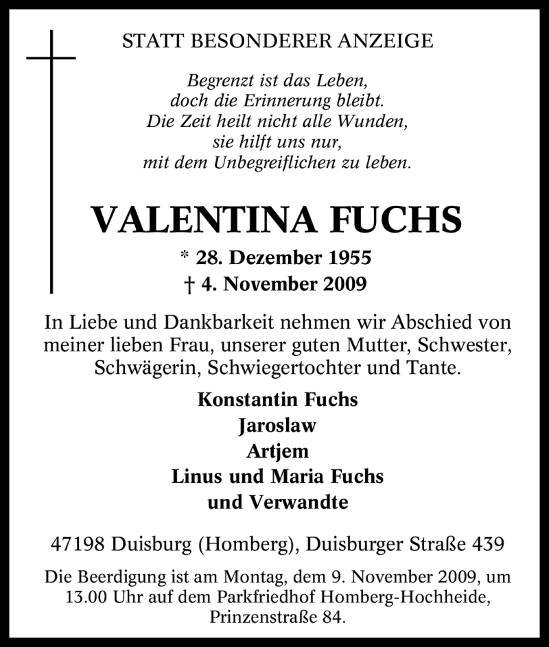  Traueranzeige für Valentina Fuchs vom 06.11.2009 aus Tageszeitung