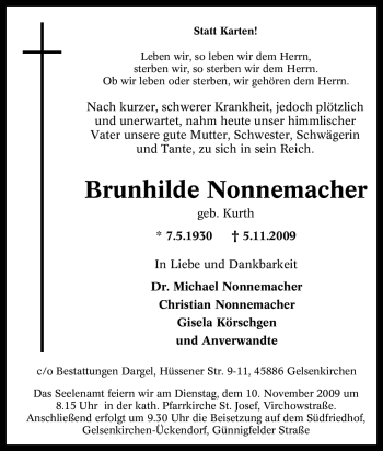 Traueranzeige von Brunhilde Nonnemacher von Tageszeitung