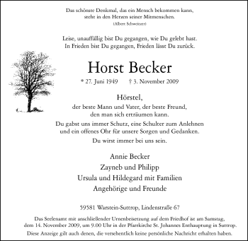 Traueranzeige von Horst Becker von Tageszeitung