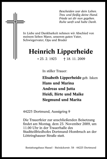 Traueranzeige von Heinrich Lipperheide von Tageszeitung