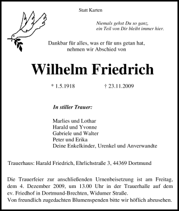 Traueranzeige von Wilhelm Friedrich von Tageszeitung