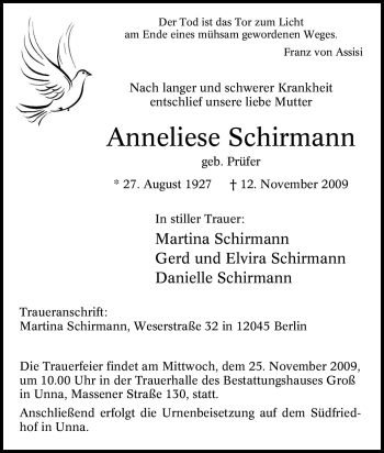 Traueranzeige von Anneliese Schirmann von Tageszeitung