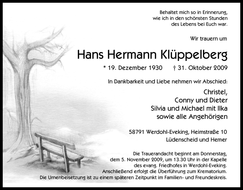  Traueranzeige für Hans Hermann Klüppelberg vom 02.11.2009 aus Tageszeitung