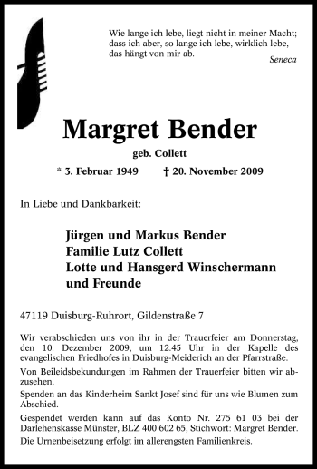 Traueranzeige von Margret Bender von Tageszeitung