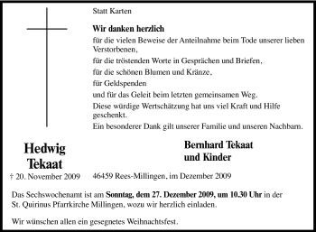 Traueranzeige von Hedwig Tekaat von Tageszeitung