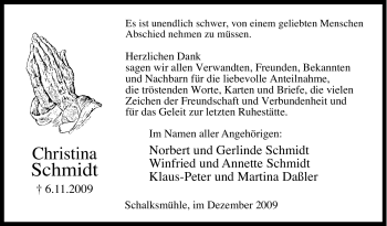Traueranzeige von Christina Schmidt von Tageszeitung
