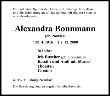 Traueranzeige von Alexandra Bonnmann von Tageszeitung