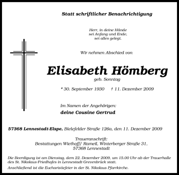 Traueranzeige von Elisabeth Hömberg von Tageszeitung