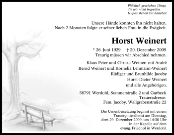 Traueranzeige von Horst Weinert von Tageszeitung