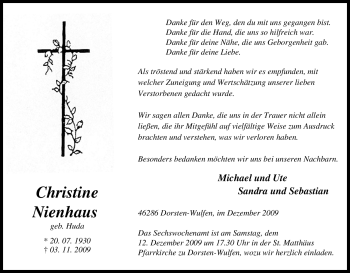 Traueranzeige von Christine Nienhaus von Tageszeitung