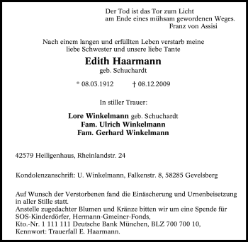 Traueranzeige von Edith Haarmann von Tageszeitung