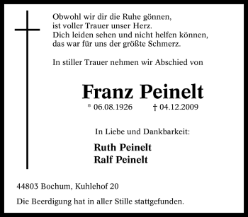Traueranzeige von Franz Peinelt von Tageszeitung
