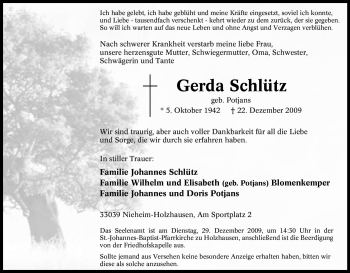 Traueranzeige von Gerda Schütz von Tageszeitung