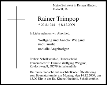 Traueranzeige von Rainer Trimpop von Tageszeitung