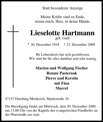 Traueranzeige von Lieselotte Hartmann von Tageszeitung