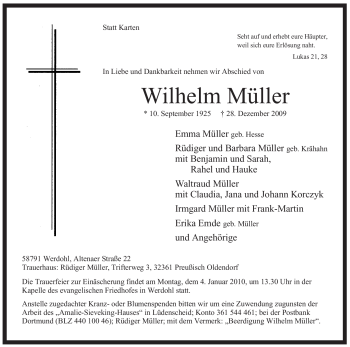 Traueranzeige von Wilhelm Müller von Tageszeitung