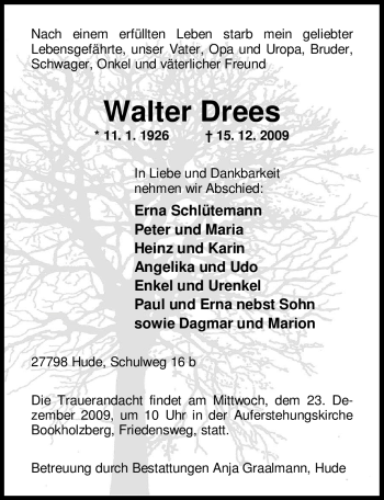 Traueranzeige von Walter Drees von Tageszeitung