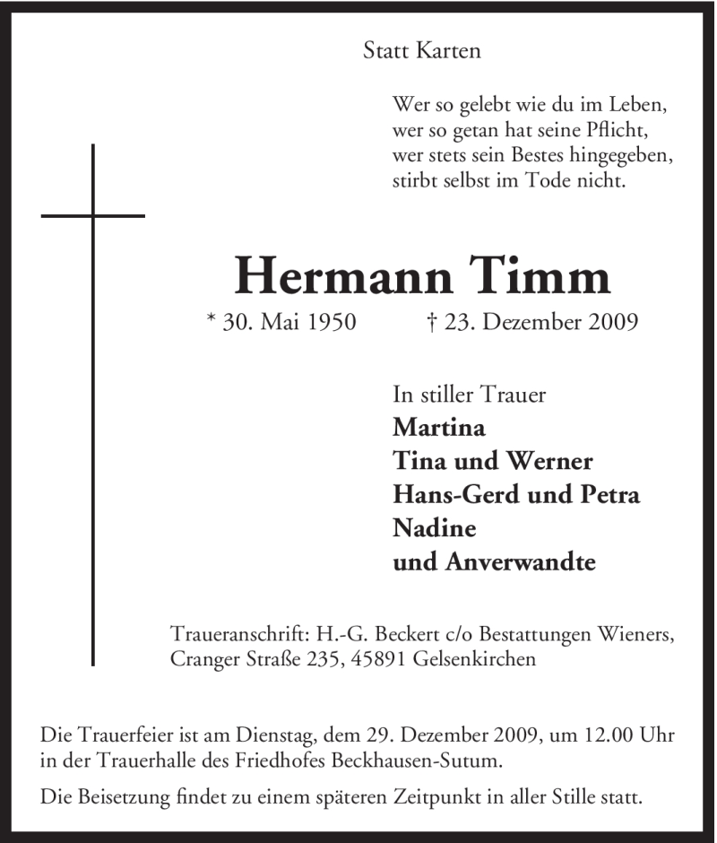  Traueranzeige für Hermann Timm vom 29.12.2009 aus Tageszeitung