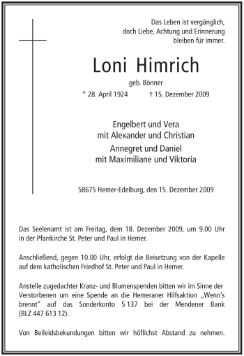 Traueranzeige von Loni Himrich von Tageszeitung