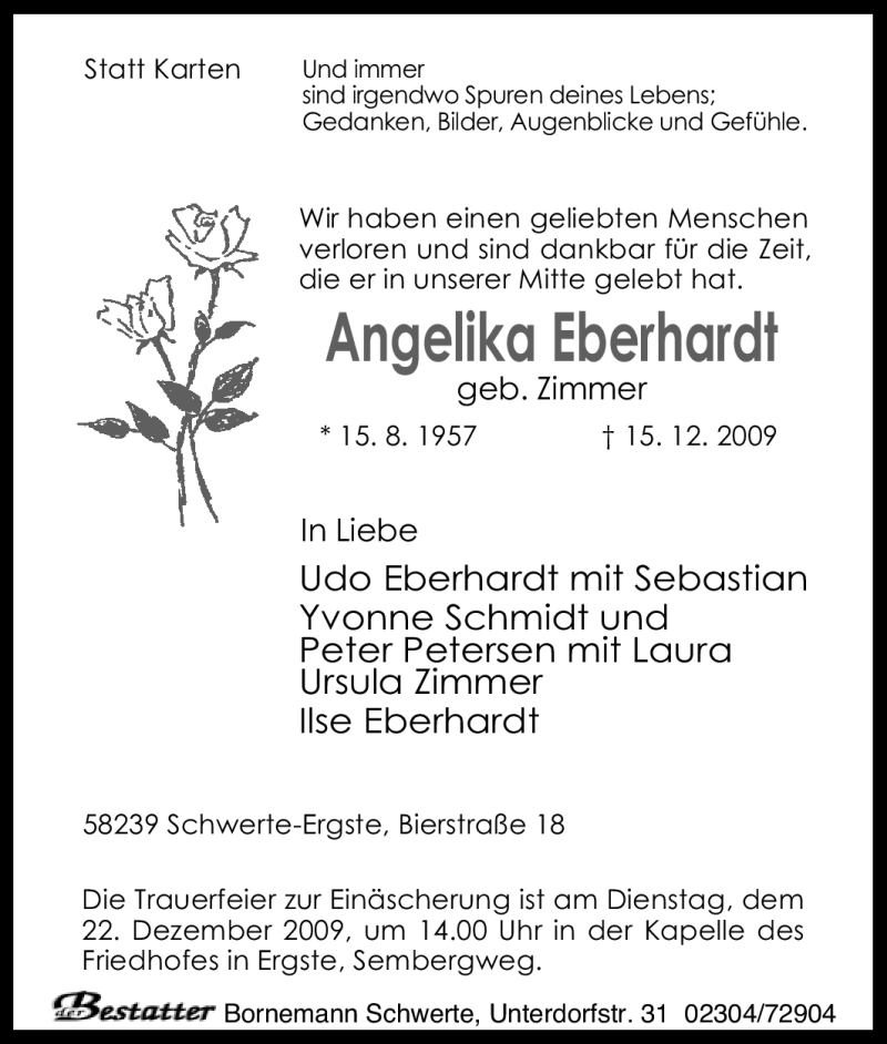  Traueranzeige für Angelika Eberhardt vom 18.12.2009 aus Tageszeitung