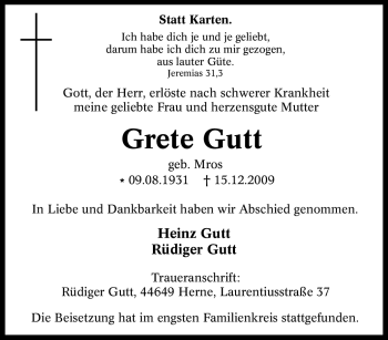 Traueranzeige von Grete Gutt von Tageszeitung
