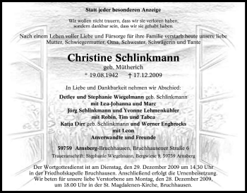 Traueranzeige von Christine Schlinkmann von Tageszeitung