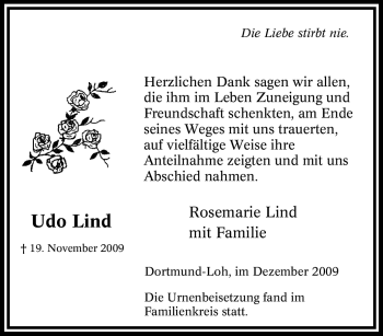 Traueranzeige von Udo Lind von Tageszeitung