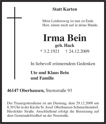 Traueranzeige von Irma Bein von Tageszeitung
