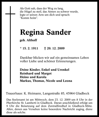 Traueranzeige von Regina Sander von Tageszeitung