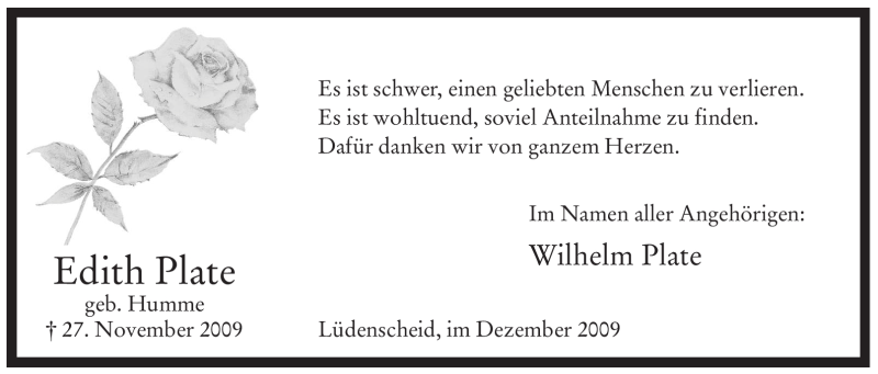  Traueranzeige für Edith Plate vom 30.12.2009 aus Tageszeitung