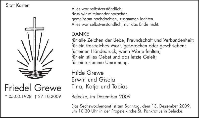  Traueranzeige für Friedel Grewe vom 05.12.2009 aus Tageszeitung