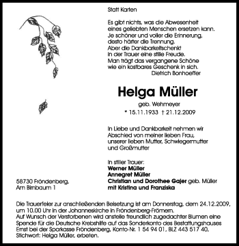 Traueranzeige von Helga Müller von Tageszeitung