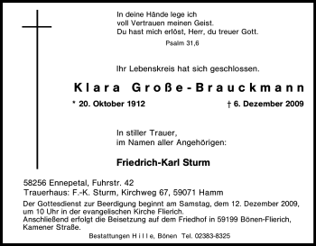 Traueranzeige von Klara Große-Brauckmann von Tageszeitung
