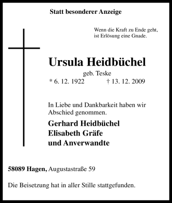 Traueranzeige von Ursula Heidbüchel von Tageszeitung