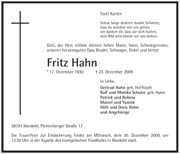 Traueranzeige von Fritz Hahn von Tageszeitung