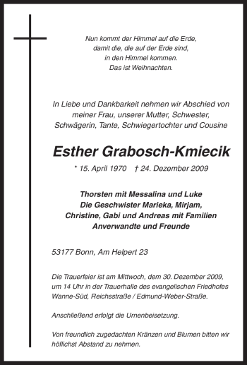 Traueranzeige von Esther Grabosch-Kmiecik von Tageszeitung