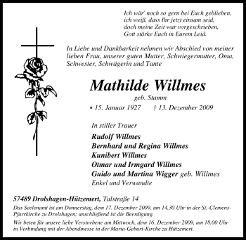 Traueranzeige von Mathilde Willmes von Tageszeitung