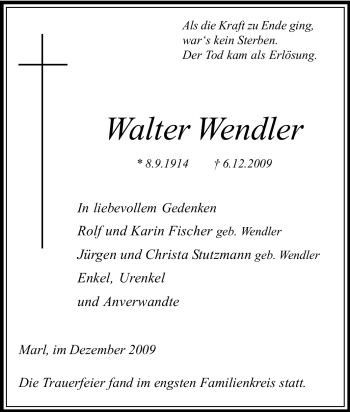 Traueranzeige von Walter Wendler von Tageszeitung
