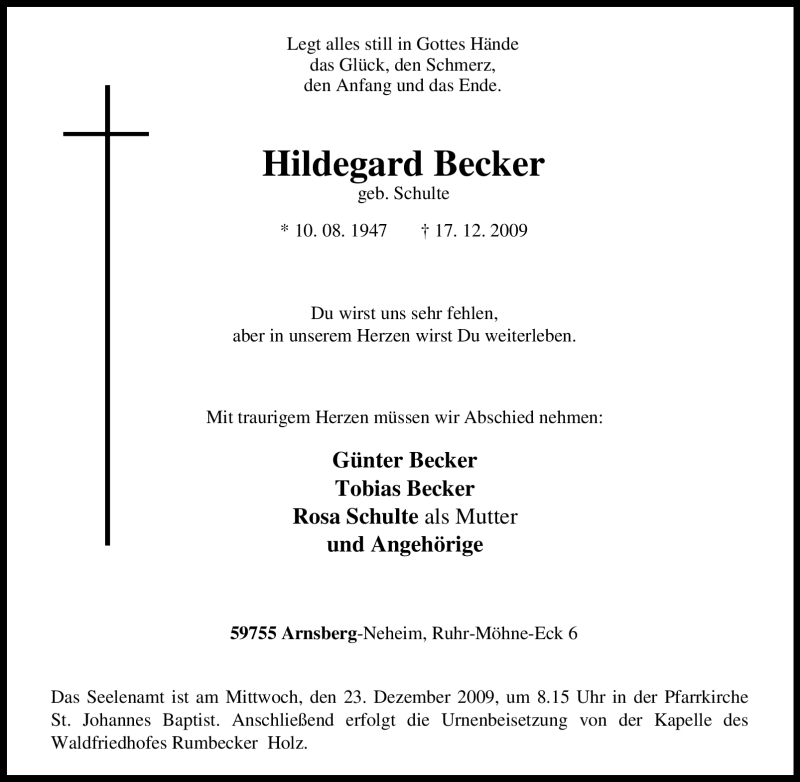 Traueranzeigen Von Hildegard Becker | Trauer-in-NRW.de