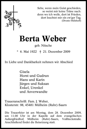Traueranzeige von Berta Weber von Tageszeitung