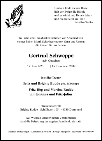Traueranzeige von Gertrud Schweppe von Tageszeitung