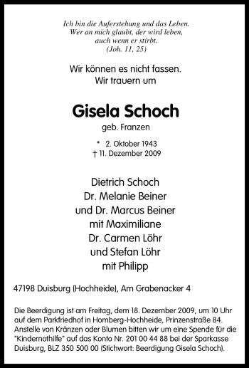 Traueranzeige von Gisela Schoch von Tageszeitung