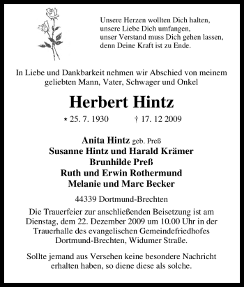 Traueranzeige von Herbert Hintz von Tageszeitung
