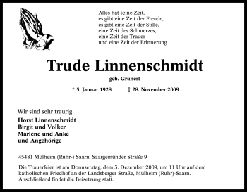 Traueranzeige von Trude Linnenschmidt von Tageszeitung